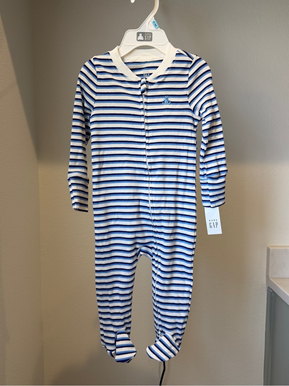 GAP Blue & White Striped Footed Onesie, 6-9 mo